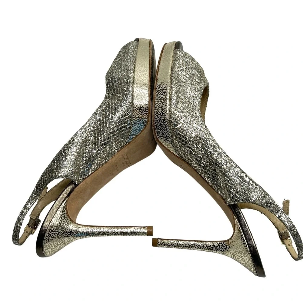 Jimmy Choo Womens Nova Gold Glitter Slingback Heels Peep Toe Size 40 / US 9
